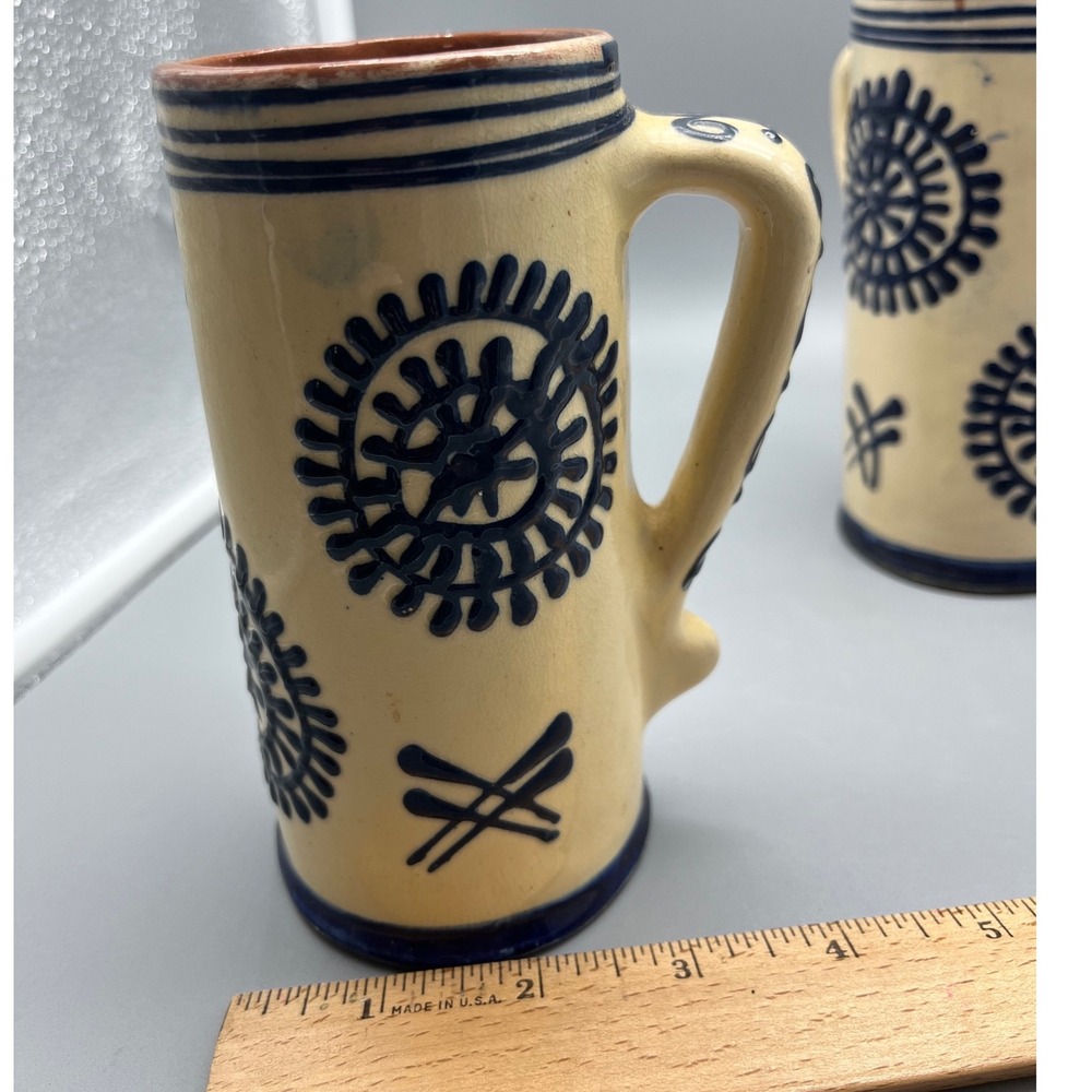 Vintage Folk Art Pottery Romania Pair of MugsCream Navy - Picture 6 of 7